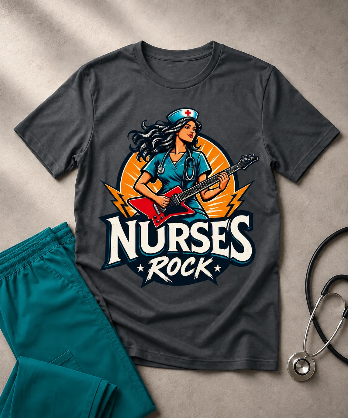 Charcoal Nurses Rock T-shirt styled with teal scrub pants and a stethoscope